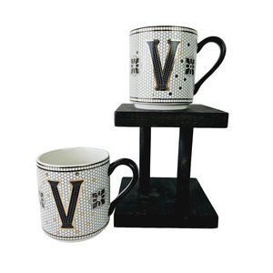Anthropologie Set of Two (2) Bistro Tile Margot Monogram Mug in the Letter "V"